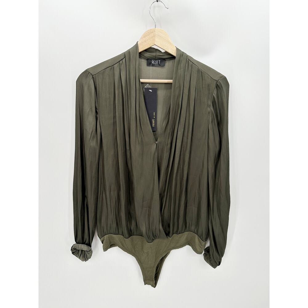 Reset Olive Green Satin Long Sleeve Wren Bodysuit Flowy Loose Women L NWT